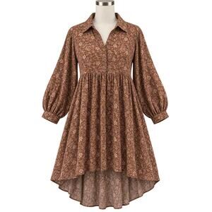 Umgee Brown Ditsy Floral Boho High Low Babydoll Shirt Dress  - Size S